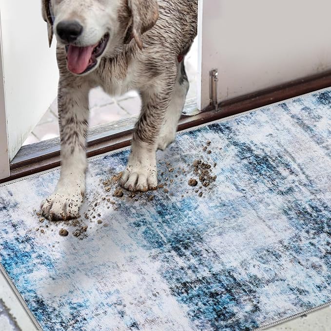 COMSLE Door Mat, Front Door Mat Indoor for Entrance Faux Wool Absorbent Non Slip Modern Throw Rug for Entryway Hallway Muddy Paws - Pet Friendly, 20x32 Inches,Smashing Blue Machine Washable