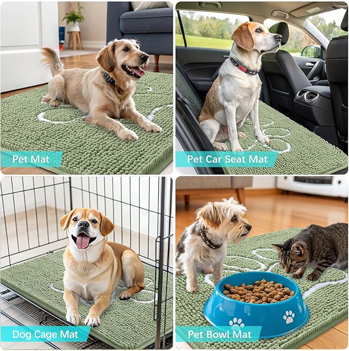 OLANLY Dog Door Mat for Muddy Paws 48x30, Paw Print Design, Absorbs Moisture and Dirt, Non-Slip Washable Doormat, Quick Dry Chenille Mud Mat for Dogs, Entry Indoor Entryway Carpet, Sage Green