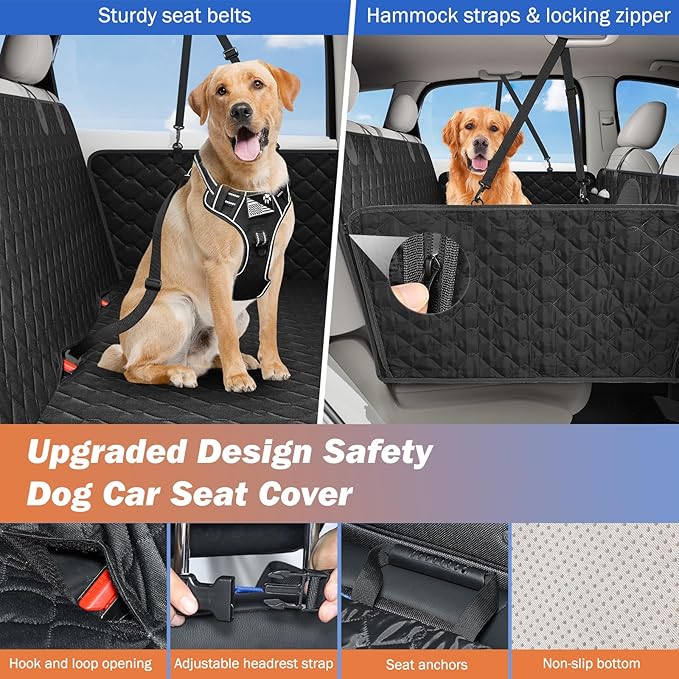 Back Seat Extender for Dogs, Dog Car Seat Cover for Back Seat Hard Bottom - Holds 330lbs Waterproof Cover for Dogs with Mesh Window & Pocket, Dog Hammock for Car, Small Truck, Black + Black