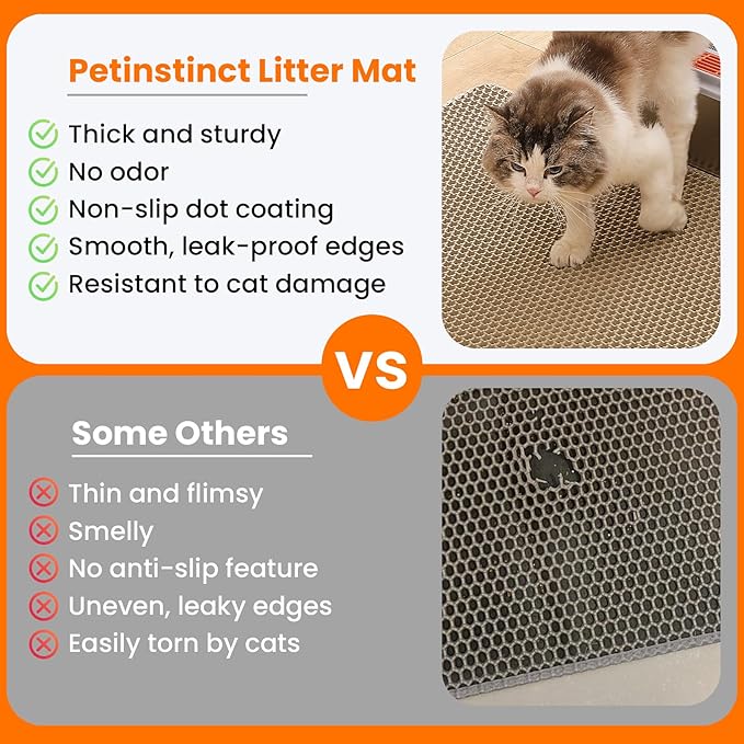 Petinstinct Cat Litter Mat, 24x18 Inches Large Double Layer Honeycomb Cat Litter Trapping Mat, Non Slip Waterproof Urine Proof Cat Litter Box Mat for Floor, Kitty Litter Rug, Cat Supplies, Beige