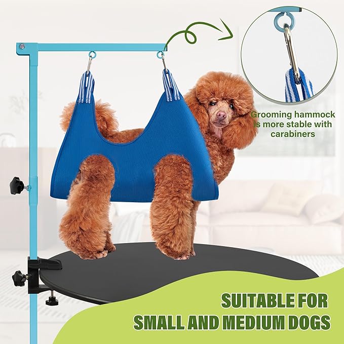 Dog Grooming Arm with Pet Grooming Hammock, 35" Pet Grooming Table Arm with Adjustable No Sit Haunch Holders, Dog Grooming Stand with Loop Noose for Small and Medium Pets, Blue