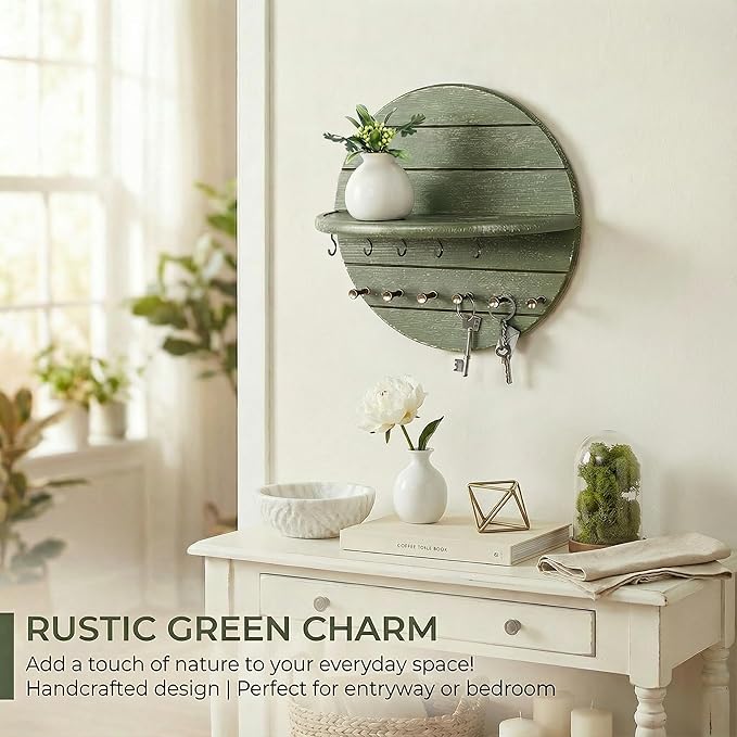 Rebee Vision Pine Wood Key Holder Wall Mount for Farmhouse & Boho Decor – Key and Mail Organizer with Shelf and 11 Hooks – Decorative Wall Organizer for Room, Kitchen & Living Room Decor (Green)