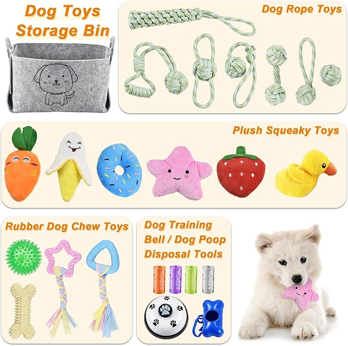 LECHONG 24 Pack Puppy Chew Toys, Dog Teething Toys with Storage Bin, Dog Rope Toys and Squeaky Toys for Boredom, Interactive Dog Toys for Small & Medium Breeds