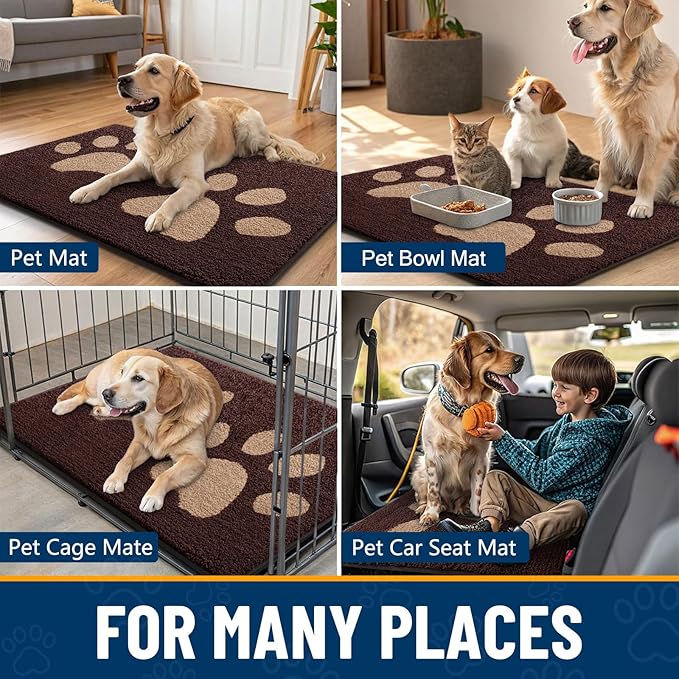 Smiry Dog Door Mat for Muddy Paws, Absorbs Moisture and Dirt, Low-Profile Entryway Mat with Non-Slip Backing, Entry Indoor Outdoor Doormat for Inside Floor (48x30 Inches, Brown, Paw)