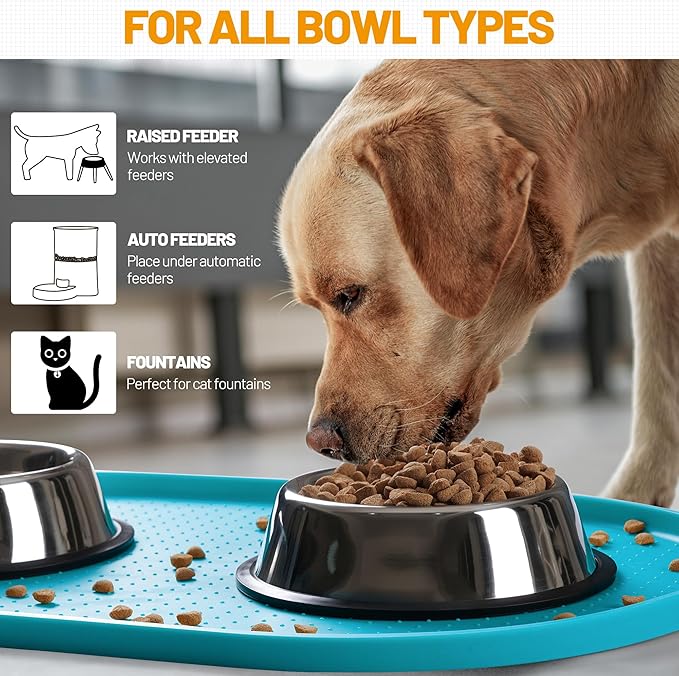 Hubulk 100% Waterproof Silicone Pet Feeding Mat with Raised Edge for Food and Water, Dog Bowl Mats, Cat Bowls Placemat with High Lip Protects Floor for Cats and Dogs (Teal, 16" L x 10" W)