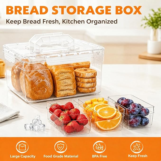 Bread Box with Ice Chilled Condiment Caddy, Portable Airtight Storage Container with Lid Handle for Kitchen Counter, Keeper for Homemade Bread, Toast, Bagel, Cookies, White