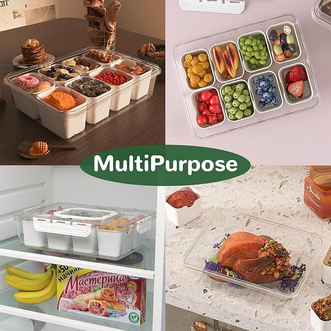 REBECAT Divided Serving Tray with Lid and Handles 8 Compartments Snack Box Container Charcuterie Organizer Snackle Box Container for Candy,Nuts，Fruits,Snacks,3 Pack,White