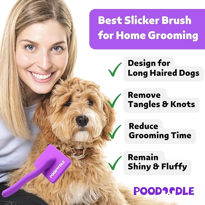 Poodoodle Small Slicker Brush, Purple, Hair Brush for Curly Wavy Haired Dogs - Poodles, Doodles, Bichon, Bernese Mountain Dog, Cocka Spaniels - Detangling, Grooming, Deshedding - 1 inch