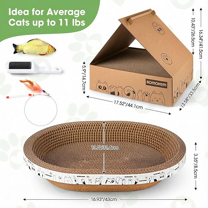 4PCS Cardboard Cat Scratcher Bed Set with House for Indoor Cats, 2 Big Oval Cat Lounger Bowls 17", Durable Scratching Board Pad, All-in-One Cat Scratch Box with Bonus Toys for Furniture Protection.