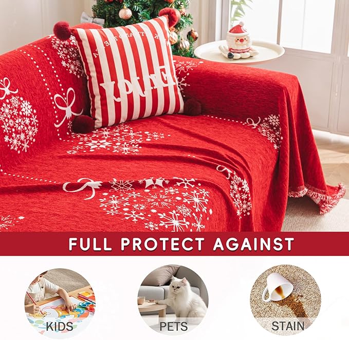 hyha Couch Cover for Dogs, Boho Sofa Covers for 3 Cushion Couch Washable, Chenille Sofa Slipcover for Pets, Soft Loveseat Sectional Couch Throw Blankets with Tassels (Red Snowflakes, 71x134 Inch)