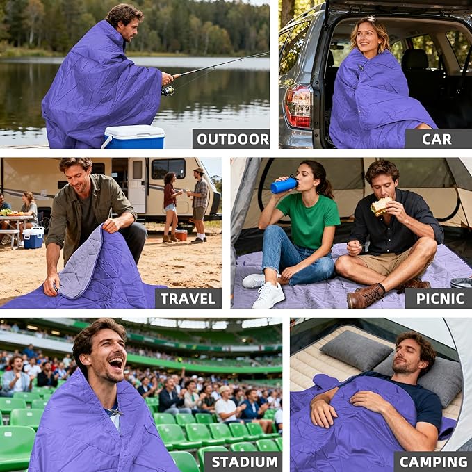 KawaGebo Kamp Outdoor Waterproof Blanket, Foldable Fleece Stadium Blanket for Outdoor Sports Event, Camping, Car, Pet, Picnics - Windproof, Wearable, Machine Washable 80" x 58" (Purple,Hooded)