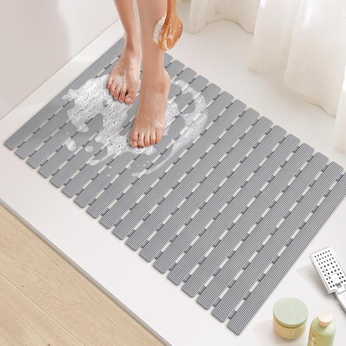 Yolife Quick Drain Shower Mat, 24.8 x 15.8 inch Power Grip Shower Mat Non Slip, Raised Non Slip Shower Mats for Inside Shower, Heavy Duty Curlable Stand up Shower Floor Mat,Grey