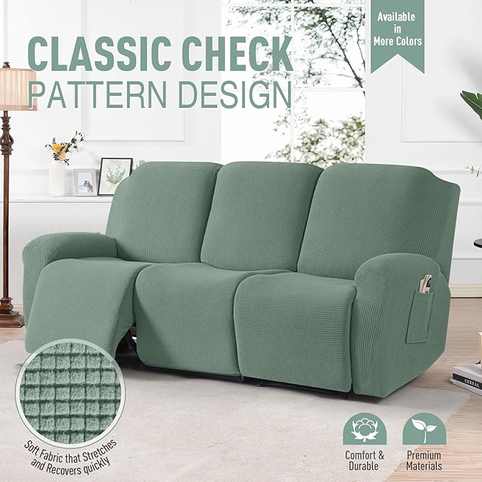 TAOCOCO Recliner Sofa Covers 8-Pieces Stretch Large Couch Covers for 3 Seats Reclining Slipcovers Soft Jacquard Pattern Furniture Protector (Sage Green)