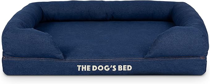 The Dog’s Bed, Med Blue Denim 30x23.5, Memory Foam, Pain Relief: Arthritis, Hip & Elbow Dysplasia, Post Surgery, Lameness, Supportive, Calming, Waterproof Washable Cover, Veterinary Approved