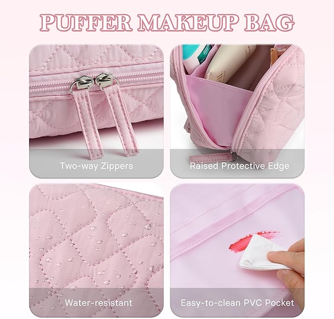 TOPEAST Christmas Gifts for Women Girls - 2Pcs Makeup Bag Small Travel Cosmetic Bag, Portable Toiletry Pouch Set, Waterproof Make Up Purse Puffy Padded Makeup Organizer, Pink