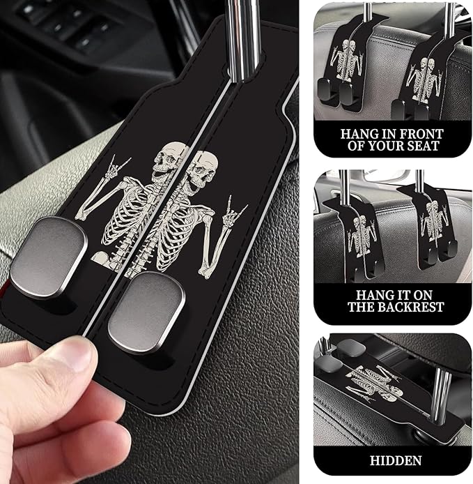 PU Leather Car Seat Hook, Storage Headrest Hanger, Cute Car Backseat Organizer, Car Hooks for Purses and Bags Skull Human Skeleton