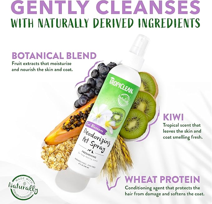 TropiClean Dog Perfume, Long Lasting Kiwi Cologne, Deodorizing Spray for Smelly Dogs, After Bath Detangling Spray with Vitamin E, Safe for Cats, 8oz.