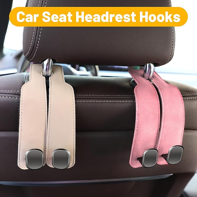 Amelity Car Seat Back Storage Hook, Purse Holder for Car, Car Seat Hooks for Purses and Bags, Car Seat Hooks for Headrest (2 Pack, Beige)