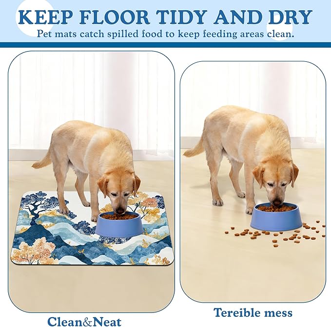 Japanese Wave Tree Dog Food Mat–Absorbent Quick Dry Feeding Placemat for Food and Water Bowls, Non Slip Rubber Backing, Waterproof Pet Supplies for Mess-Free Eating 16"x24"
