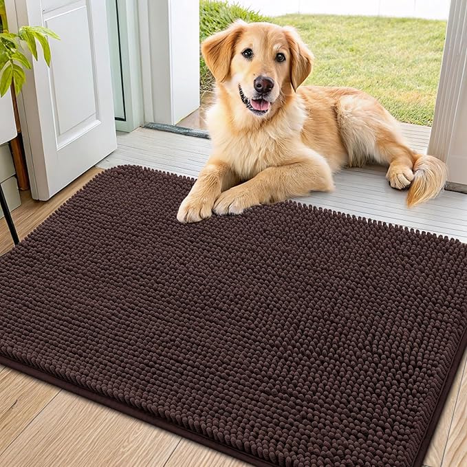 Smiry Dog Door Mat for Muddy Paws 40x24, Absorbs Moisture and Dirt Doormat, Non-Slip Washable Quick Dry Chenille Front Door Mat Indoor Entrance, Entryway Carpet for Inside Floor, Brown
