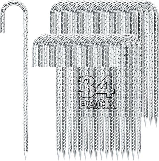 12 inches Tent Stakes Heavy Duty 34-Pack, 5/16" Diameter J Hook Fence Stakes Rebar Ground Stake for Inflatables, Tarp, Yard Lawn Outdoor Decoration