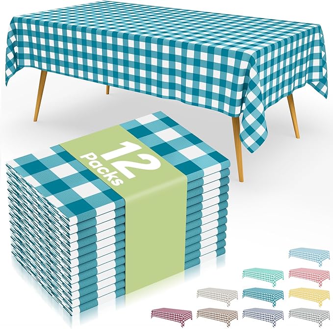 Smiry 12 Packs Gingham Disposable Table Cloth, 54 x 108 Inch Waterproof Plastic Tablecloth, Rectangle Turquoise and White Checkered Table Covers for Picnic, Birthday, Party