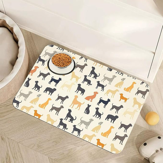 Cute Dog Cat Food Mat,Color Silhouette Absorbent Pet Feeding Mat with Rubber Backing,Non-Slip Water Bowl Placemat,Indoor Pet Accessories Supplies 16"x24"