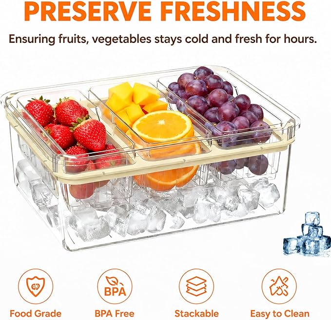 Bread Box with Ice Chilled Condiment Caddy, Portable Airtight Storage Container with Lid Handle for Kitchen Counter, Keeper for Homemade Bread, Toast, Bagel, Cookies, Beige