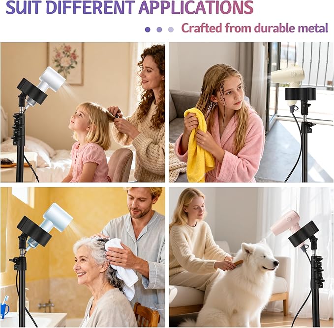 ERYTLLY Hair Dryer Stand Hair Dryer Holder with Tripod Hands Free 360-Degree Rotating Universal Clip Adjustable Height from 30-62 Inch Metal Blow Dryer Holder for Bathroom, Vanity, Makeup Room