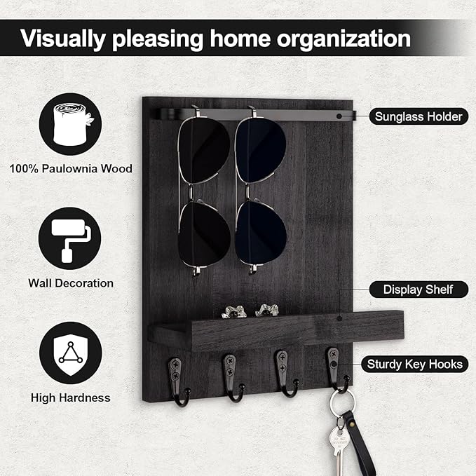 Lucundm Key Holder Wall Mount, Key Holder for Wall with 4 Hooks, Farmhouse Key Hanger Holds Dog Leash, Sunglasses – Decorative Mail Organizer Home Decor (Black)