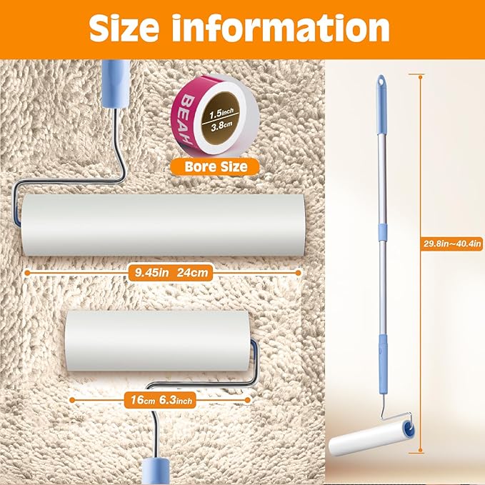 Large Lint Roller for Pet Hair Extra Sticky,9.45''/6.3"Pet Hair Removal Tool Roller for Dog Cat Hair,450 Sheets/5 Refills,Detachable Telescoping Extension Lint Remover Brush for Clothes,Couch,Carpets