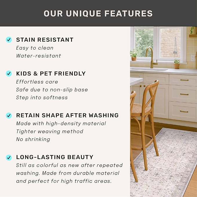 Light Grey 2x7 Boho Bathroom Runner Rug - Modern Vintage Eclectic Floral Pastel Neutral Taupe, Washable Low Pile Non-Slip Runner Rugs for Hallway, Kitchen, Door Mat Indoor Entrance, Bedroom Beside Bed
