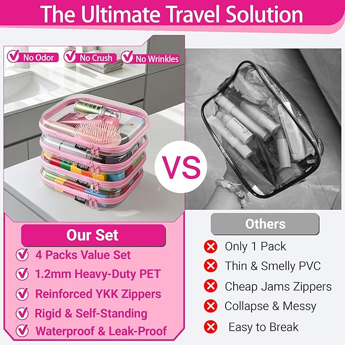 YQBRAO 4-Pack Clear Diaper Bag Organizer Pouches, 1.2mm Ultra-Thick PET Travel Pouches for Toiletries & Makeup, Rigid Self-Standing Bags with YKK Zippers, TSA Approved (Pink)