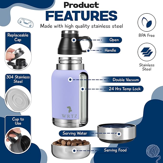 Stainless Steel Insulated Water Bottle with 2 Removable Water Bowls for Dogs – Leak-Proof Portable Dog Water Bottle - Travel Accessories for Dogs - 32oz - Lavender