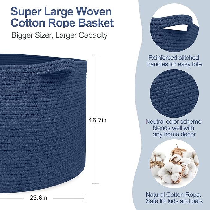115L Dark Blue Basket for Organizing, 23.6" x 15.7" XXXL Woven Cotton Rope Laundry Basket, Oversized Blanket Storage for Living Room Bedroom, Kids Toy Box Organizer, Pool Towel Storage Bin