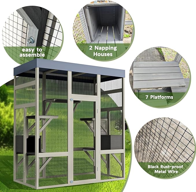 LOVMOR 62.6" Outdoor Wooden Catio for Cats, Large Cat Enclosure with Waterproof Roof, 2 Cat Houses & Platforms, Secure Rust-Proof Wire Pet Cage for Patio or Backyard