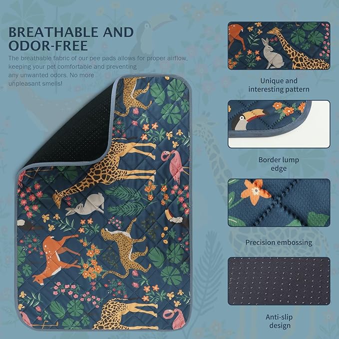 IEUUMLER Washable Pee Pads for Dogs, 2 Pack Forest Pattern Reusable Waterproof Puppy Pads, Non-Slip Super Absorbent Dog Training Pad for Playpen Crate Bed EU013 Navy Blue Jungle, 41x41