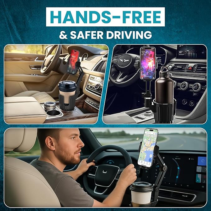 Phone Holder & Phone Mount for Car & Cup Holder Expander – 2-in-1 for Smartphones, Bottles, Tumblers & Coffee Mugs – Strong Clamp, Anti-Shake, 360° Rotation