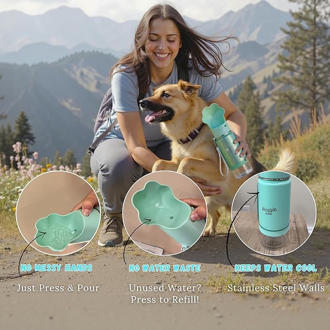 Waggle Bottle Stainless Steel Dog Travel Water Bottle, Vacuum Insulated Portable Dog Water Dispenser, Drink Cup and Snack Container On The Go, Outdoor Walking, Hiking, Travel (Mint)