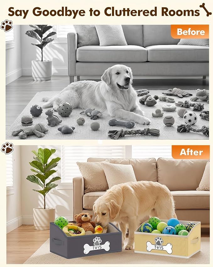 Optish Dog Toy Basket, Foldable Dog Toy Box with Handles, 19.7" X 11" X 7.9" Large Basket Specially Designed for Dog Toy Storage, Suit for Storing Pet Toys and Accessories, Grey