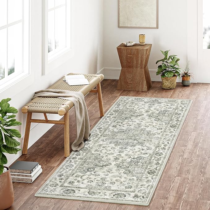 2x5 Washable Neutral Runner Rug Green Vintage Hallway Kitchen Carpet Non-Slip Soft Low Pile Farmhouse Throw Rug for Bedroom Bathroom Laundry Living Room