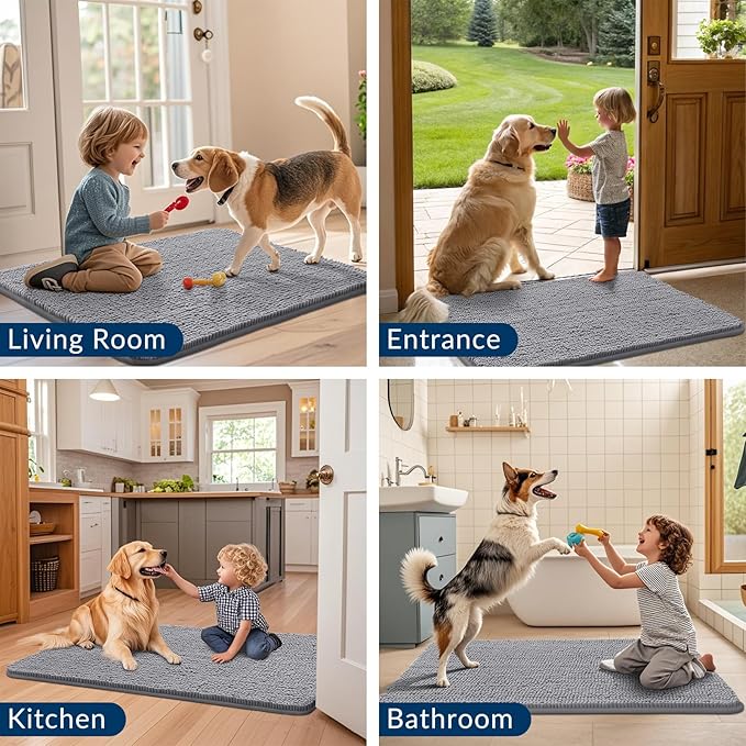 Smiry Dog Door Mat for Muddy Paws 70x32, Absorbs Moisture and Dirt Doormat, Non-Slip Washable Quick Dry Chenille Front Door Mat Indoor Entrance, Entryway Carpet for Inside Floor, Grey