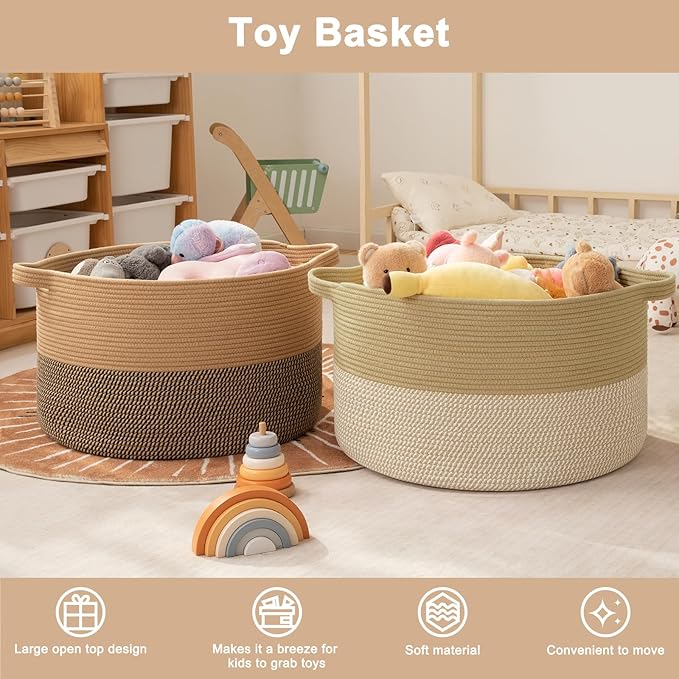 OIAHOMY 115L Extra Large Blanket Basket for Living Room, 23.6" x 15.4" Woven Cotton Rope Laundry Basket for Organizing Pillows, Decorative Stuffed Animal Toy Storage for Nursery, Jute and White