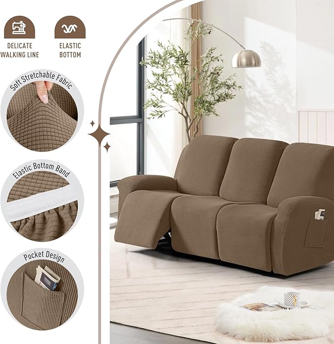 TAOCOCO Recliner Sofa Covers 8-Pieces Stretch Large Couch Covers for 3 Seats Reclining Slipcovers Soft Jacquard Pattern Furniture Protector (Khaki)