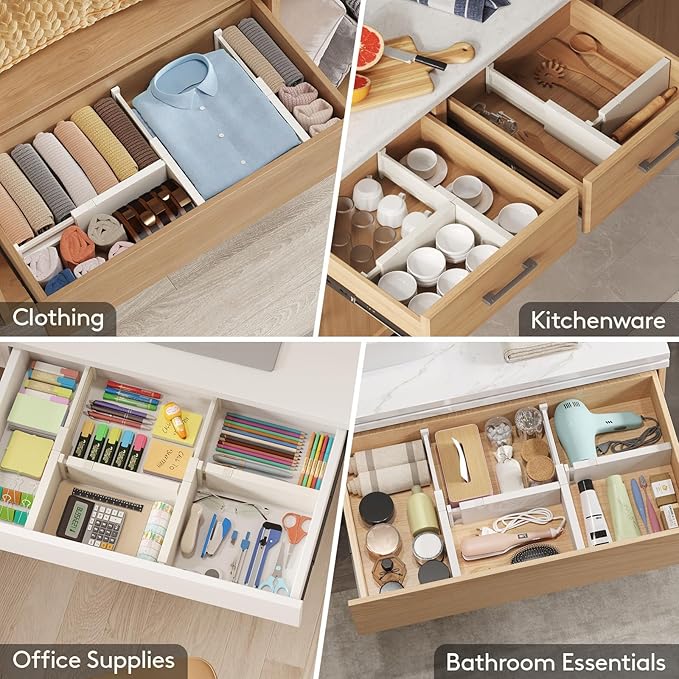 Lifewit 10 Pack Drawer Dividers Plastic 4" High, 11-17" Adjustable Drawer Organizers for Clothes, Expandable Dresser Separators in Bedroom/Bathroom/Kitchen/Office Organization and Storage, Beige