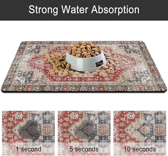 Dog Food Mats for Floors, Absorbent and Quick-Drying Pet Cat Food Mat,Anti-Fouling and Easy-to-Clean Pet Feeding Mat,Dog Bowl Mat for Messy Drinking Water Bowls.17 x27, Bohemia Style
