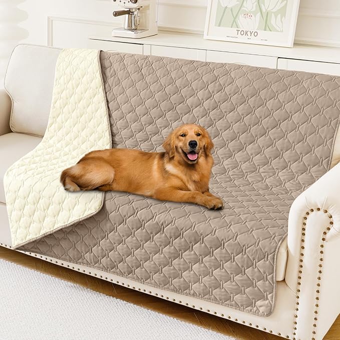 Smiry Waterproof Dog Bed Cover Blanket, Soft Reversible Pet Blanket, Washable Leakproof Cats Dogs Couch Cover for Sofa, Couch, Furniture, Plaid (52x82 Inch, Taupe/Beige)