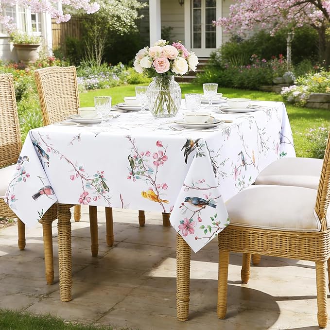 Romanstile Spring Rectangle Vinyl Tablecloth, 100% Waterproof Oil-Proof Plastic Table Cloth, Heavy Duty Vinyl Table Cover for Dining, Camping, Picnic, Outdoor - 54 x 108 Inch, Bird