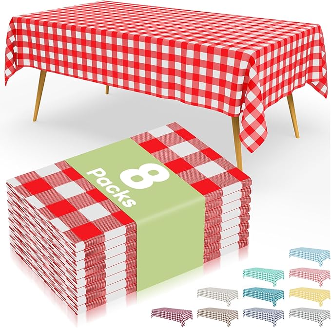Smiry 8 Packs Gingham Disposable Table Cloth, 54 x 108 Inch Waterproof Plastic Tablecloth, Rectangle Red and White Checkered Table Covers for Picnic, Party, Birthday, Banquet