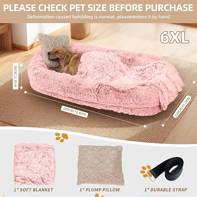 Human Dog Bed - Extra Large Dog Bed for Humans,71''x45''x12'' 、 Giant Cuddle Pillow Pet Lounger, Super Soft Plush Orthopedic Floor Cushion for Adults, Kids, Pets - Washable Cover, Pink.